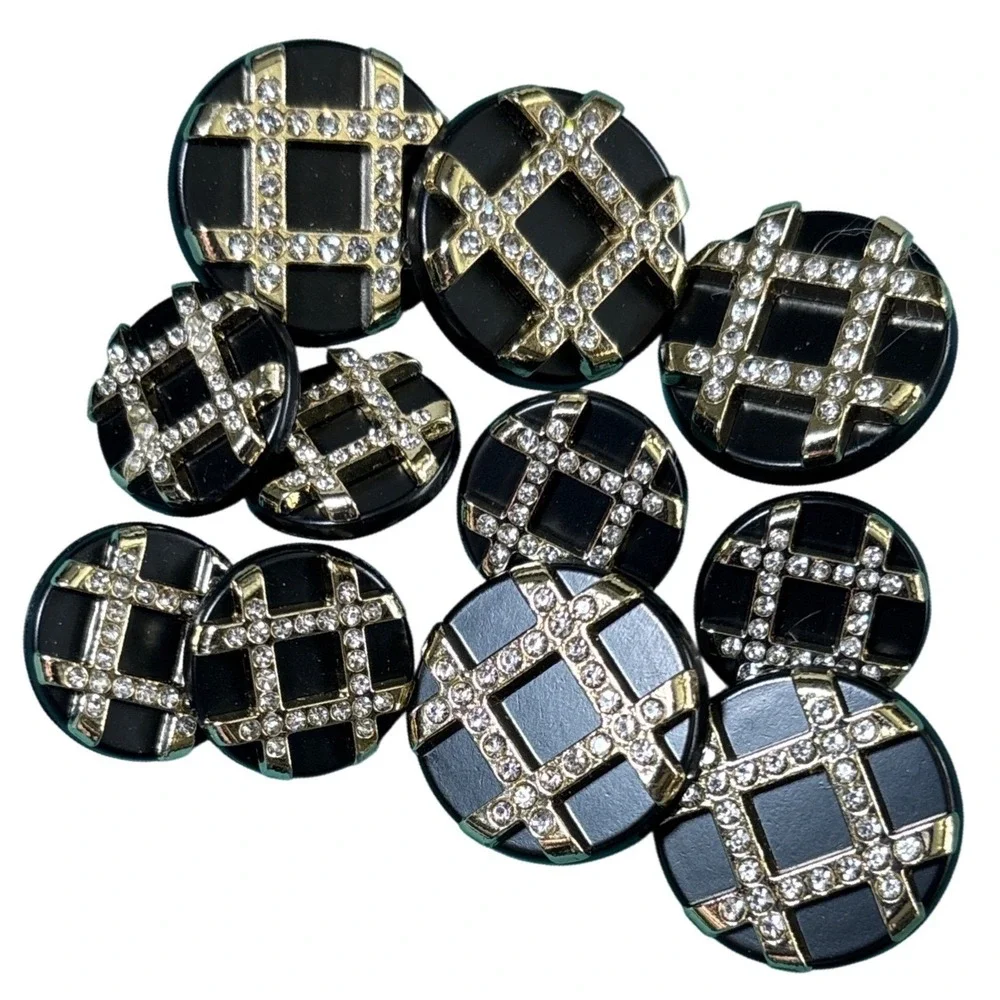DF Black Gold Rhinestone Grid Shank Buttons Set of 11‎ Vintage Style 2845-22 16